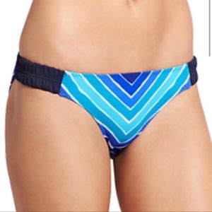 Athleta chevron stripe water color bikini bottom with gathered hip straps blue M